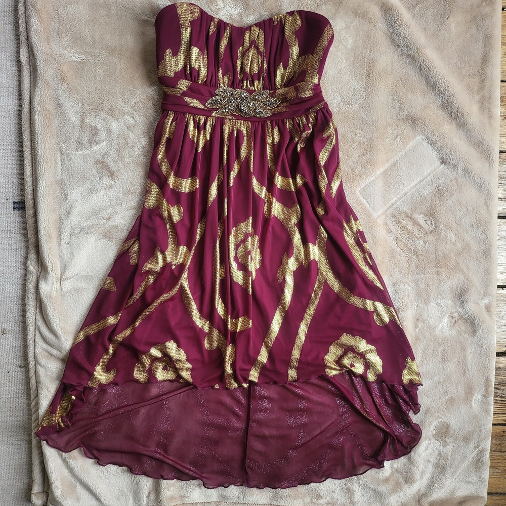 A. Byer Strapless Burgundy Dress with Gold Accents